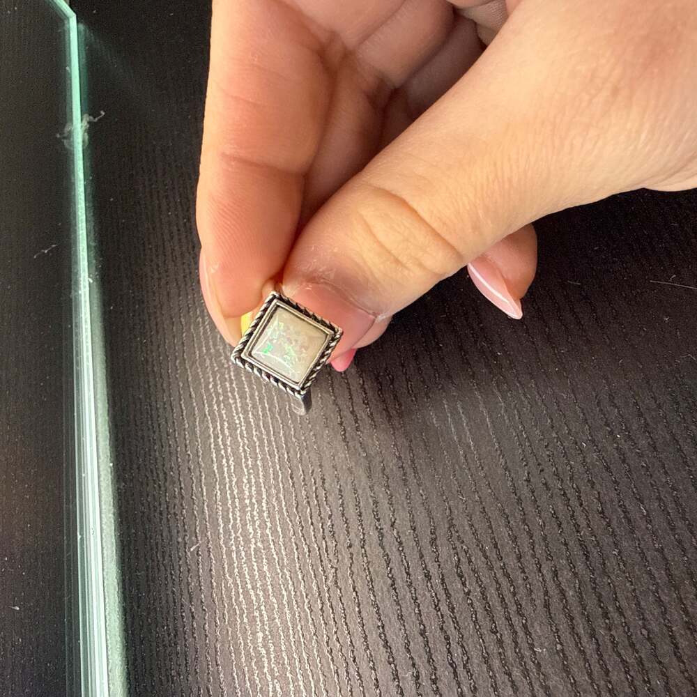 Sterling Silver Square Synthetic White Opal Ring with Oxidized Rope Design
